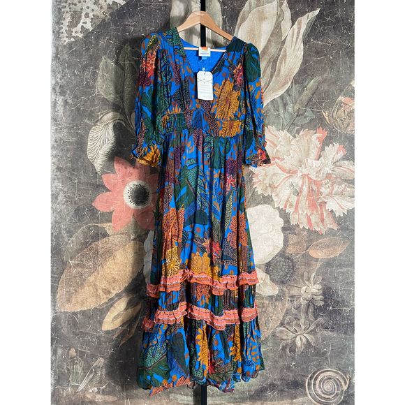 New Anthropologie x Farm Rio Puff Sleeve Maxi Dress sz XS - Picture 7 of 9
